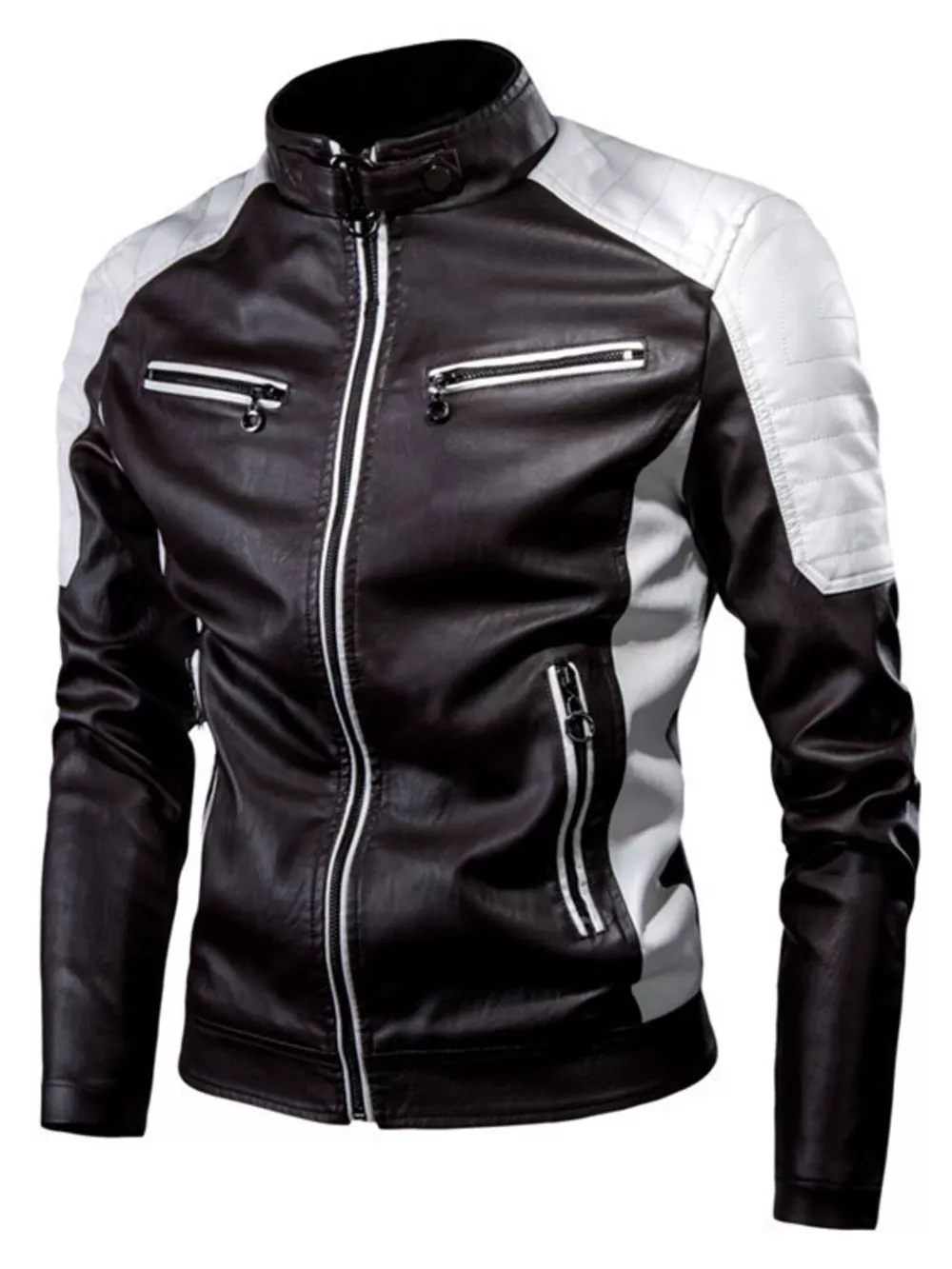 Men's Plus Size Two-Tone Slim Fit Motorcycle Leather Jacket, image 3
