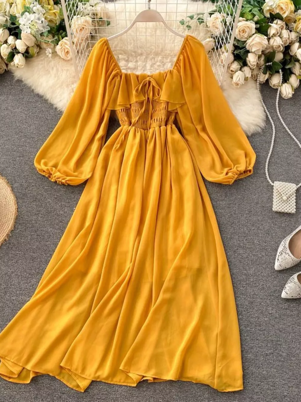 Ruffle Square Neck Balloon Sleeve A-Line Dress, image 27