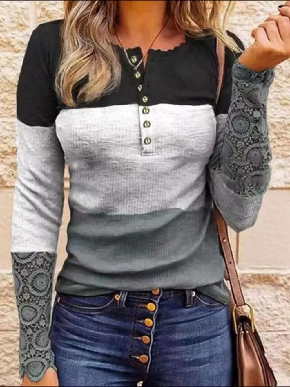 Color Block Lace Detail Half Button T-Shirt