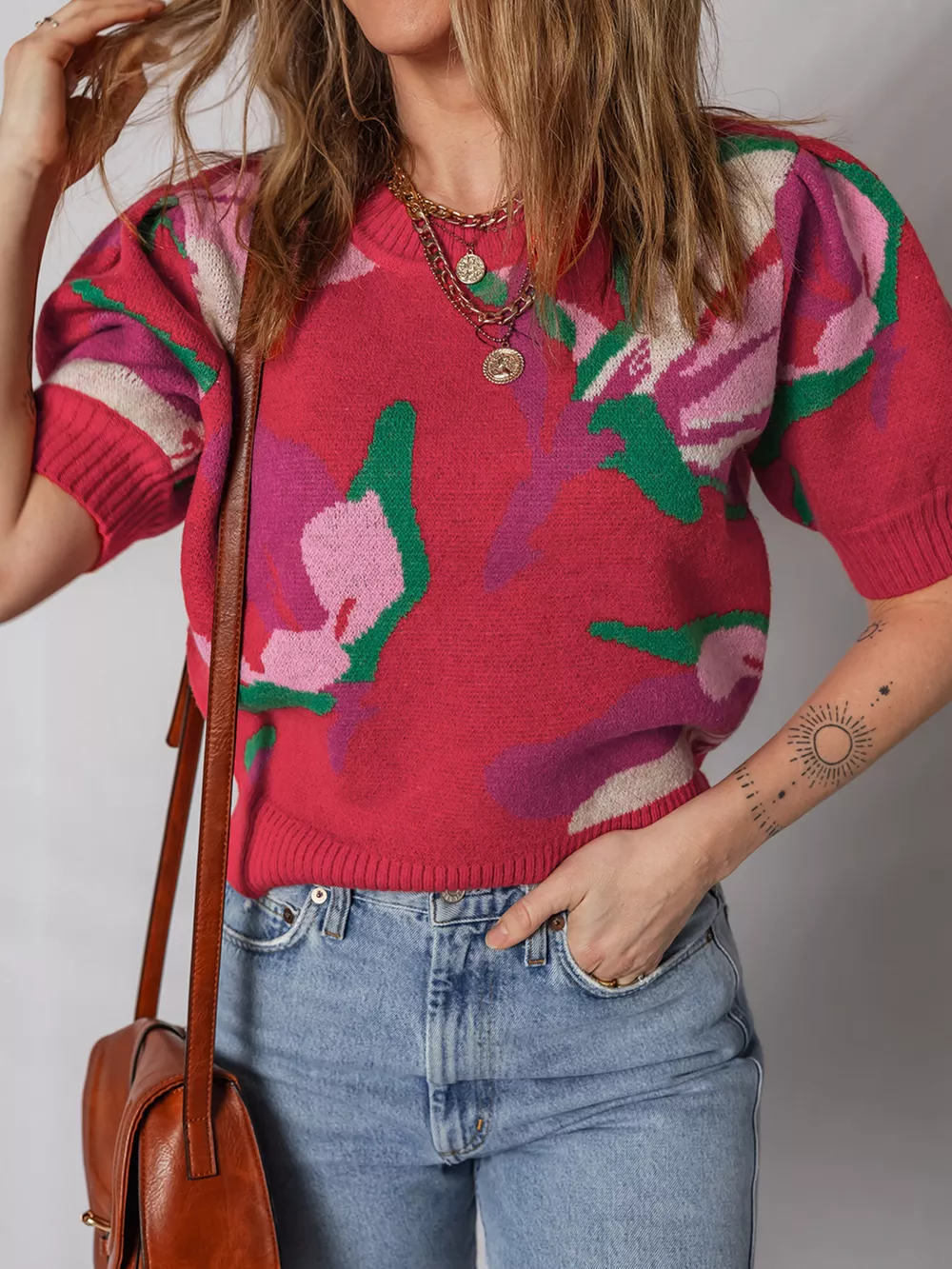 Floral Abstract Print Short Puff Sleeve Sweater, image 3