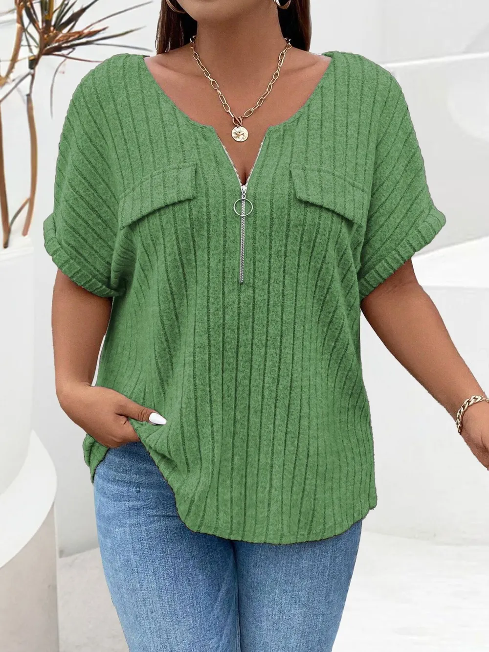 Plus Size Ribbed Half Zip Relaxed Fit T-Shirt, image 14