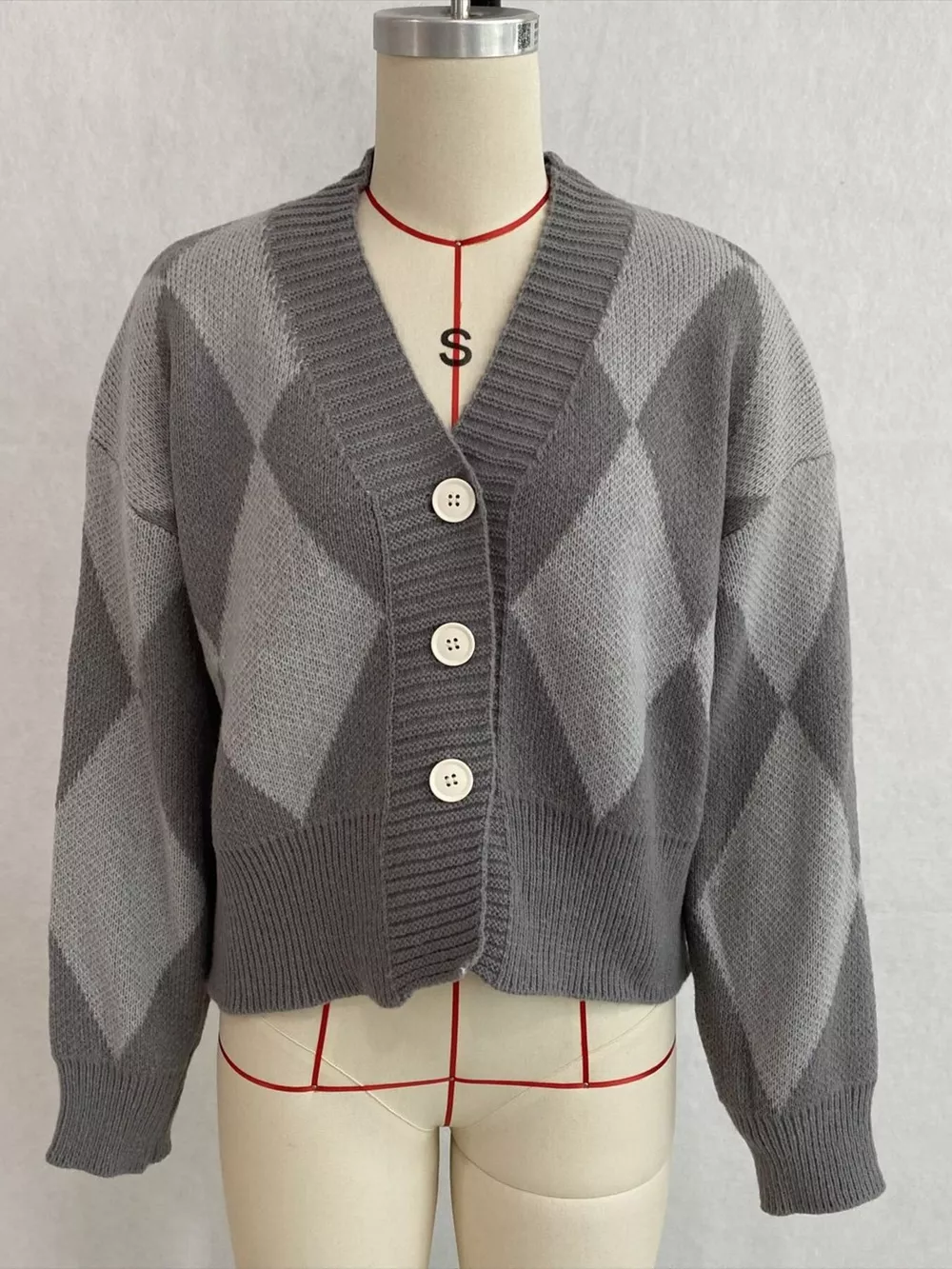 Argyle Pattern V-Neck Button-Down Cardigan, image 19