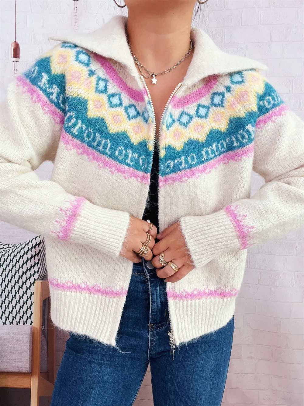 Fair Isle Pattern Zip-Up Cardigan, image 5
