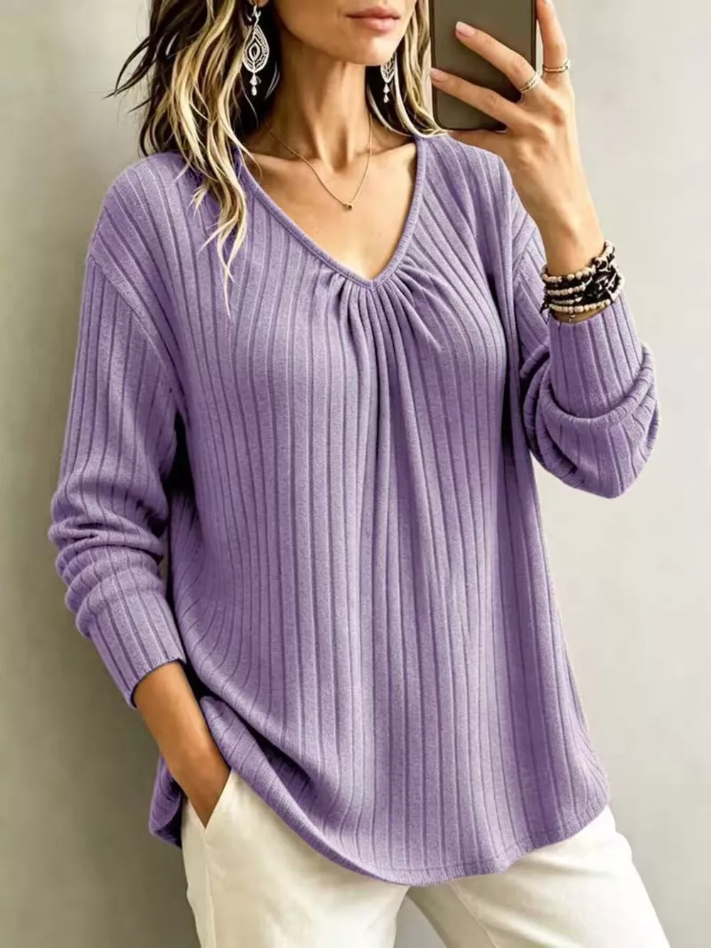 V-Neck Ribbed Long Sleeve T-Shirt, image 14