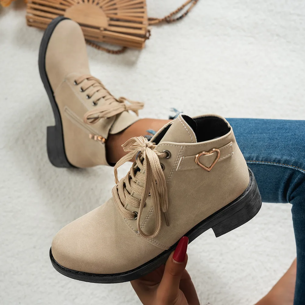 Lace-Up Ankle Boots with Heart Charm Detail, image 6