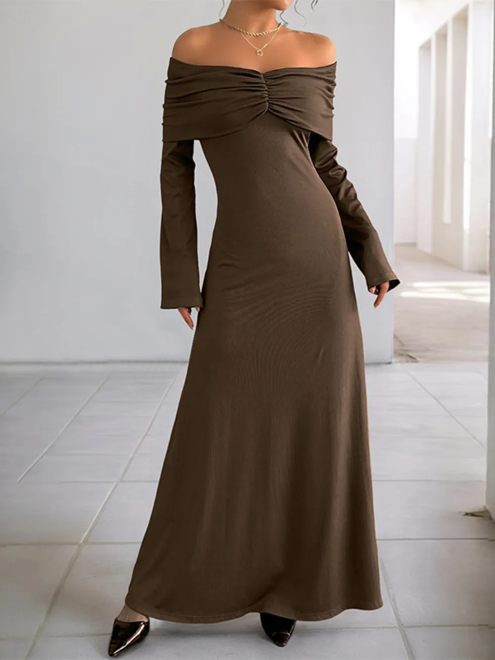 Off-Shoulder Long Sleeve Bodycon Maxi Dress, image 3