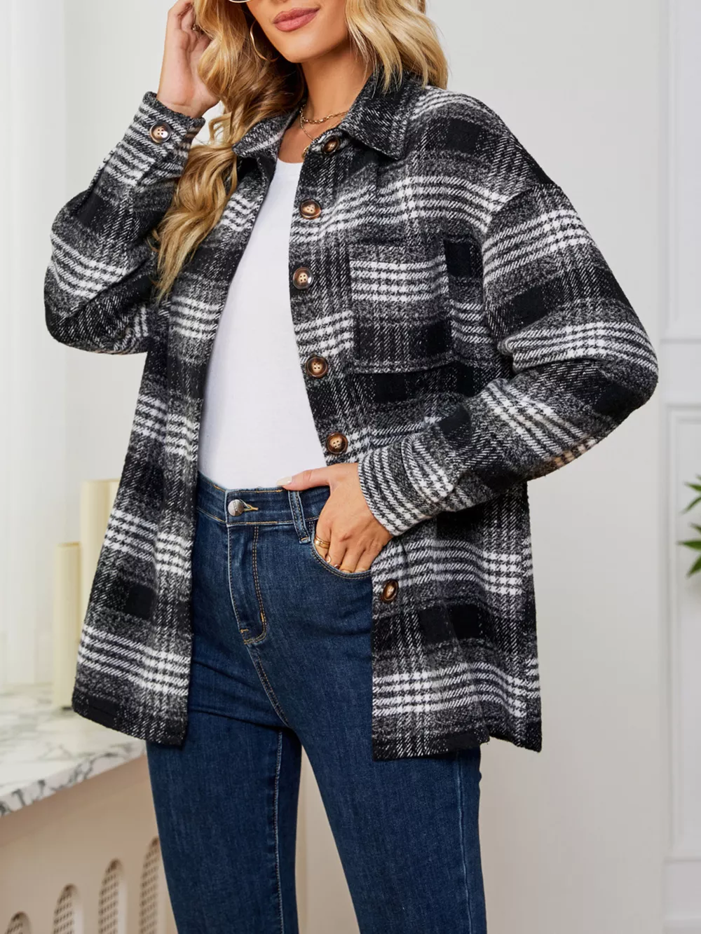 Plaid Button Up Long Sleeve Shacket, image 7