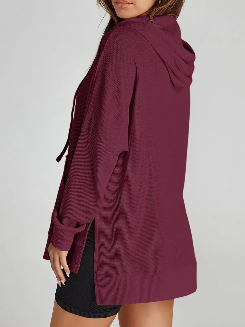 Slit Drawstring Waffle Knit Hoodie, image 11