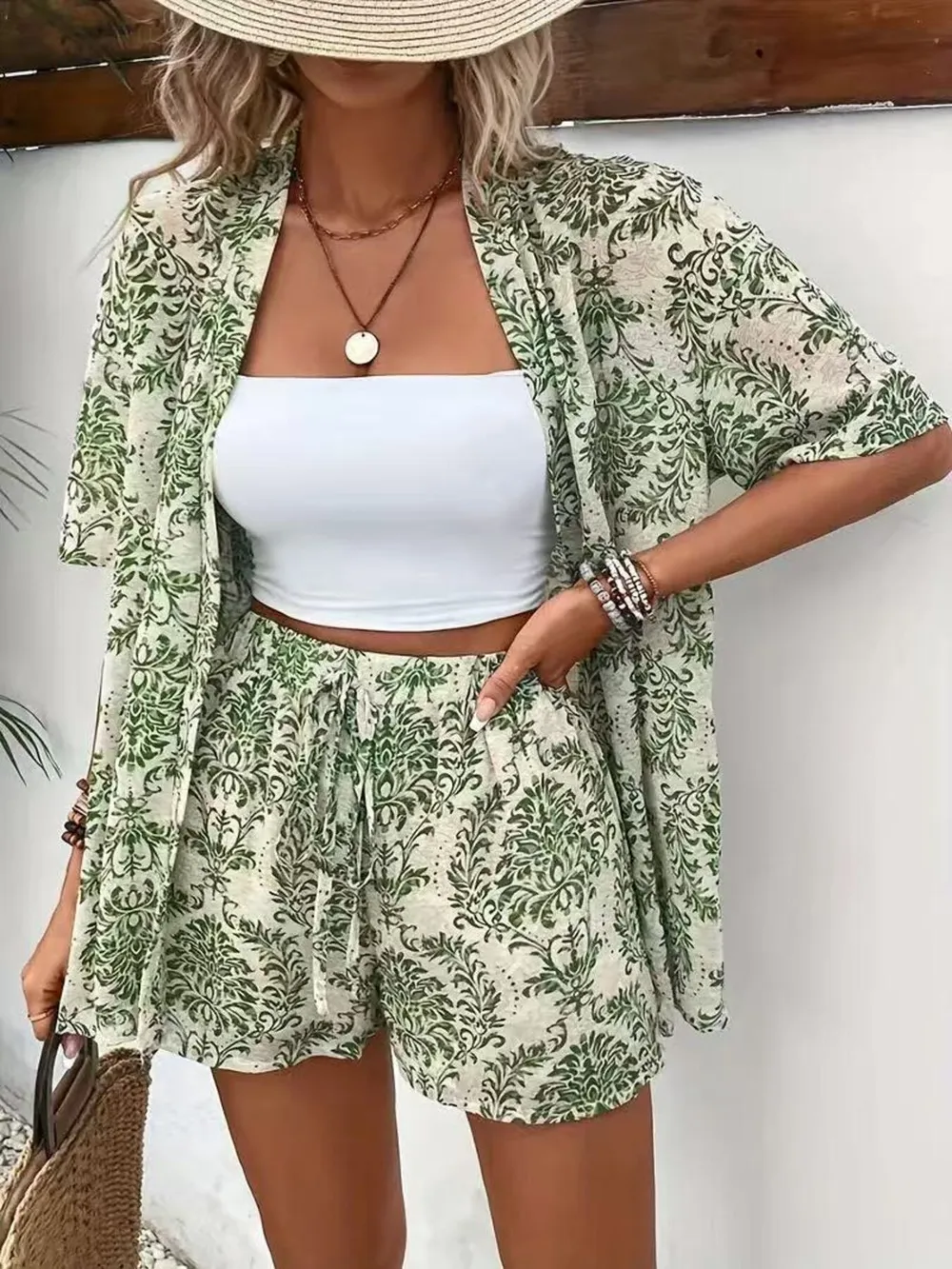 Printed Open Front Cardigan and Shorts Set, image 9