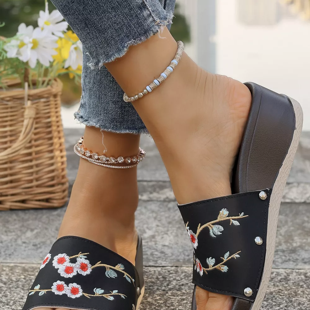Floral Embroidered Wedge Sandals, image 10