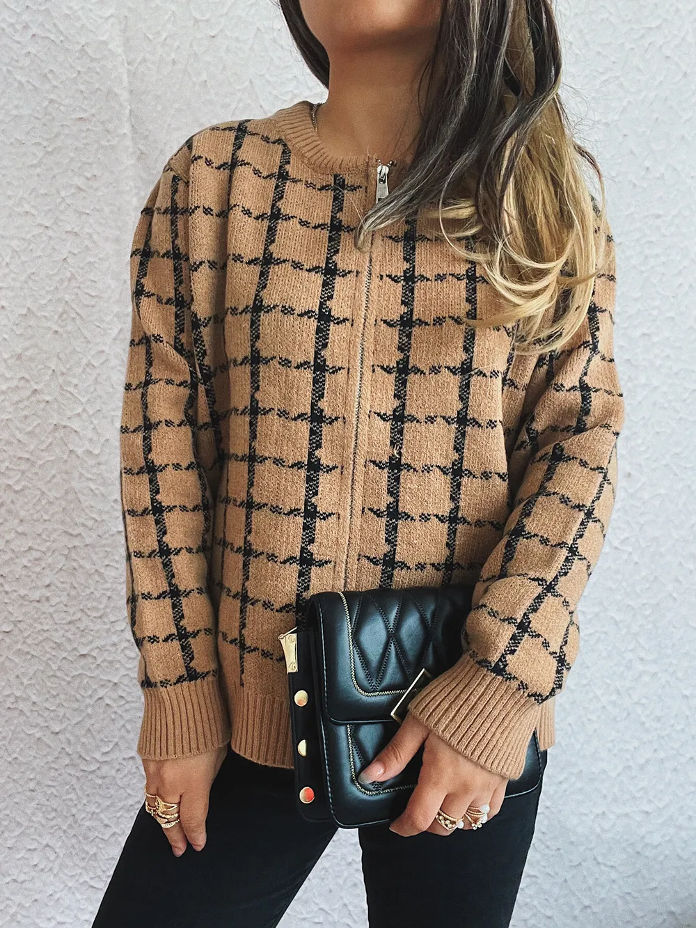 Plaid Pattern Zip Up Cardigan, image 4