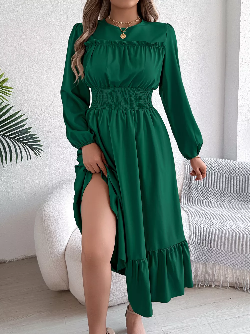 Round Neck Balloon Sleeve Tiered Dress, image 5