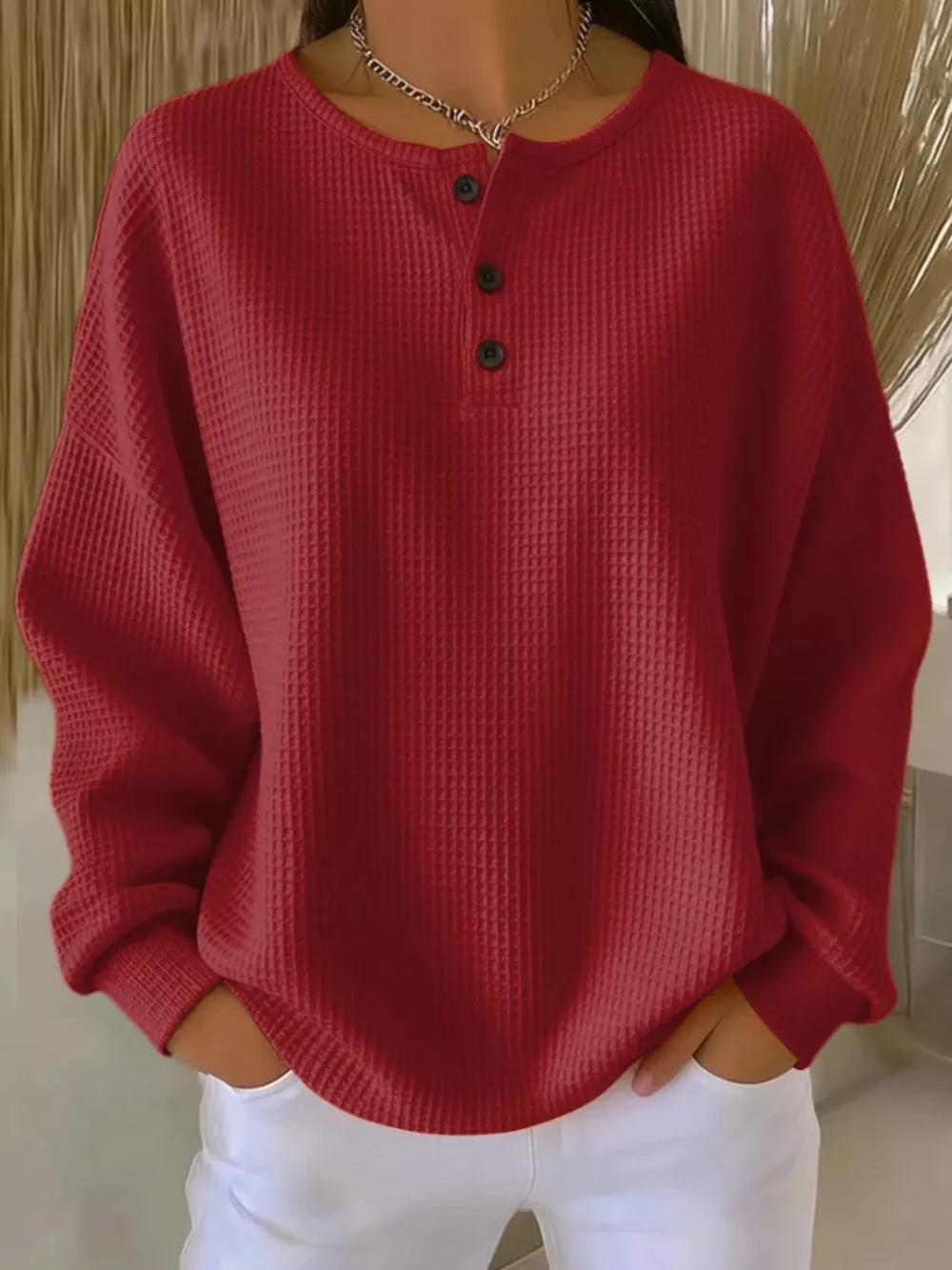 Full Size Waffle Knit Button Detail Top Plus Size, image 7