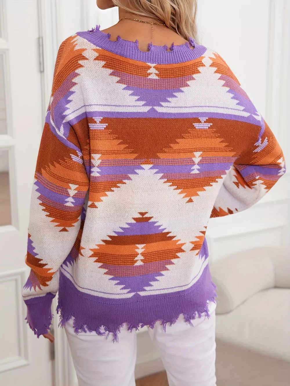 Geometric Frayed Hem V-Neck Long Sleeve Sweater, image 15