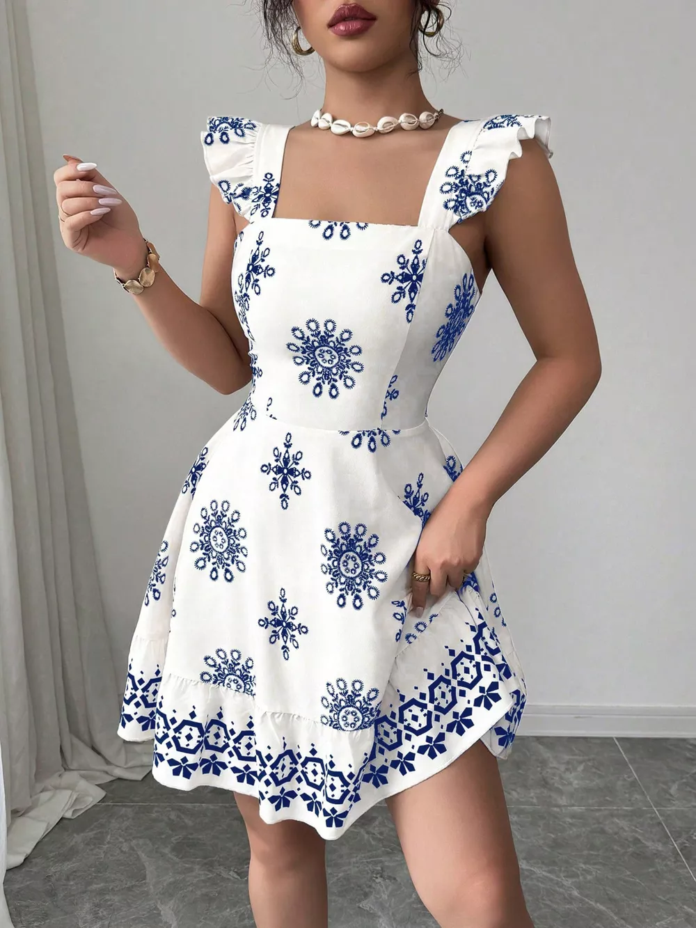 Printed Bow Back Square Neck Mini Dress, image 7