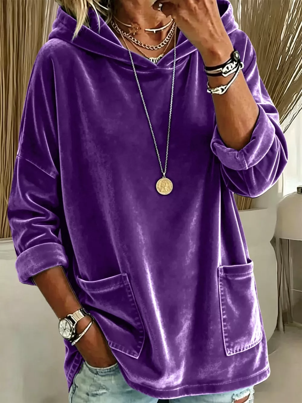 Full Size Velvet Long Sleeve Hoodie with Front Pockets Plus Size, image 10
