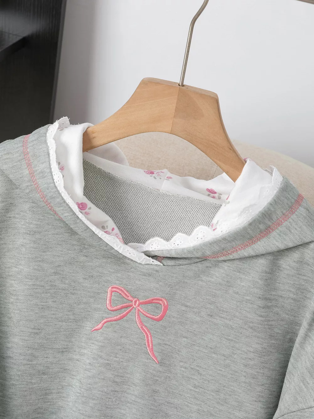 Bow Embroidered Long Sleeve Hoodie, image 6
