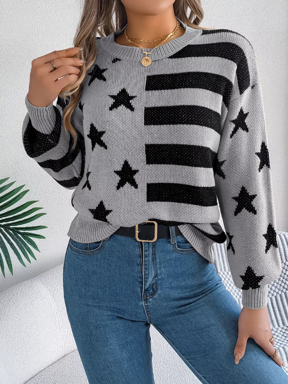 Stars and Stripes Pattern Casual Round Neck Sweater, image 2