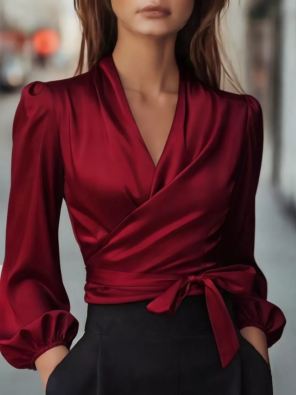 Satin Tied Balloon Sleeve Blouse, image 11