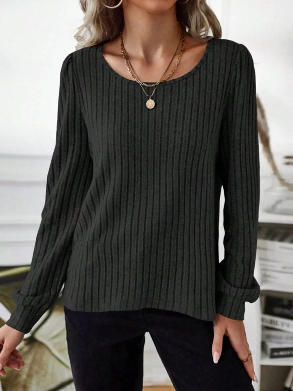 Ribbed Knit Long Sleeve T-Shirt, image 30