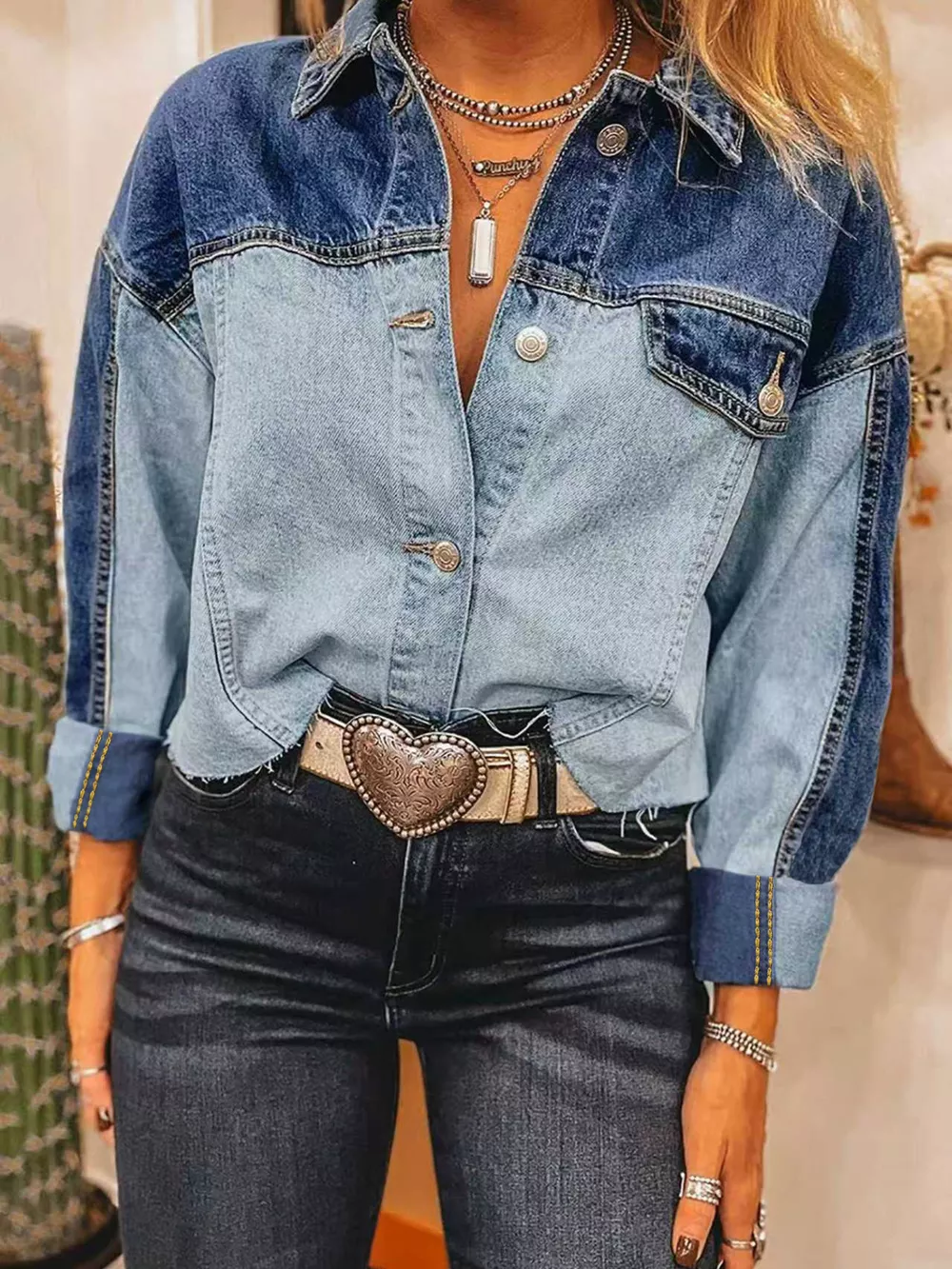 Raw Hem Two-Tone Denim Jacket, image 2