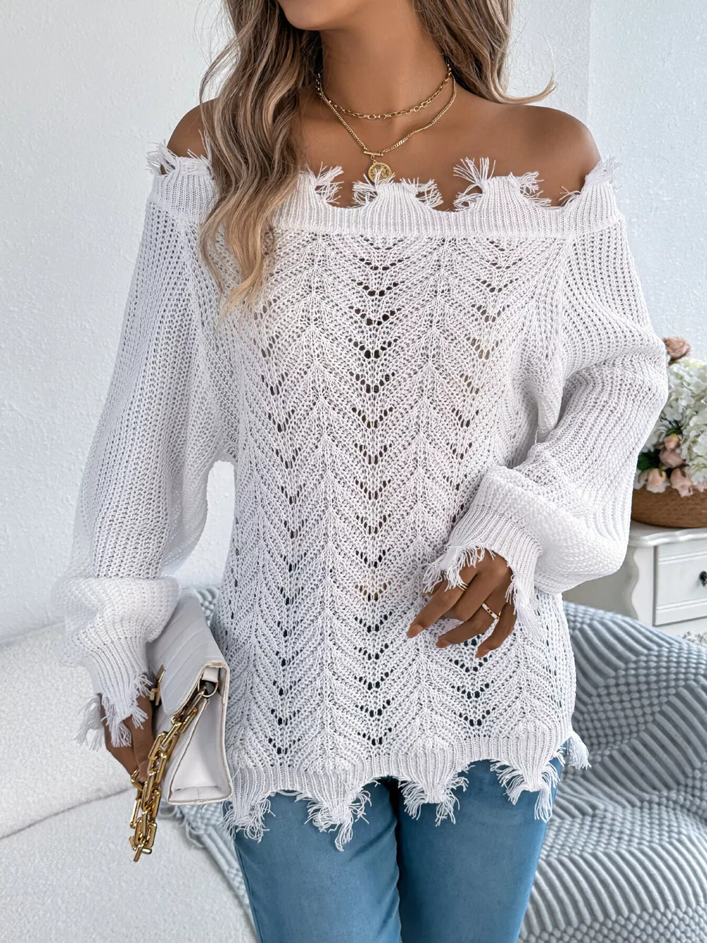 Distressed Hem Openwork Off-Shoulder Sweater, image 5