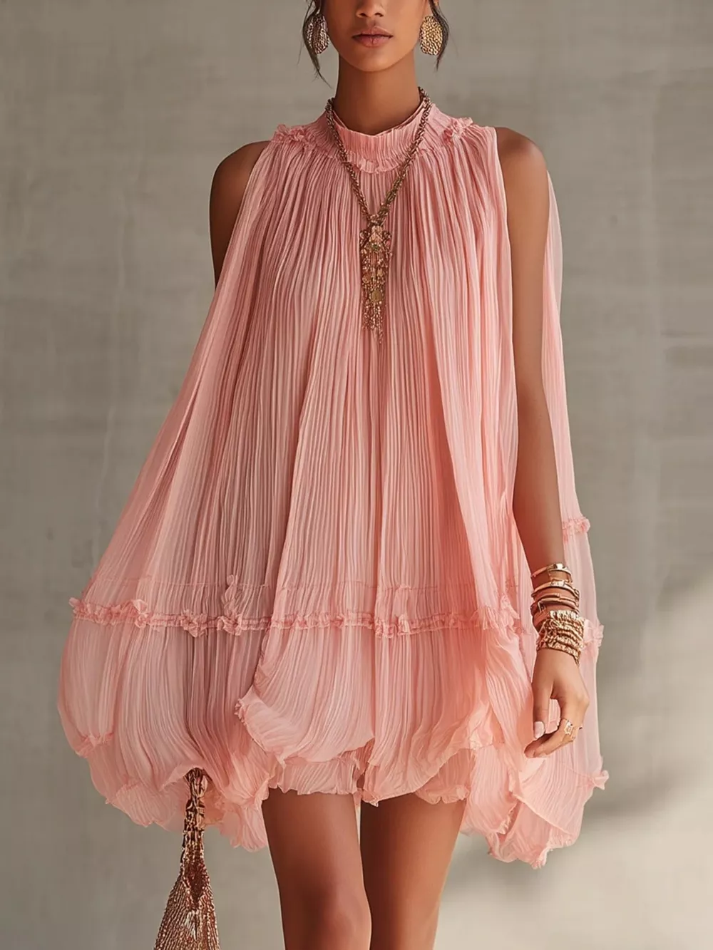 Pleated Mock Neck Sleeveless Mini Dress, image 2
