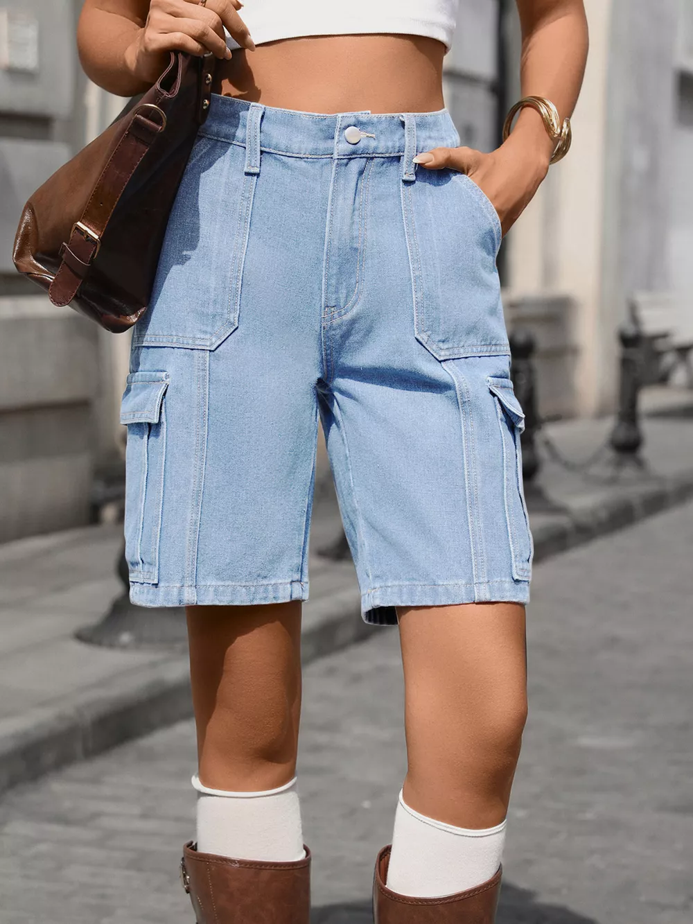High-Waisted Wash Denim Shorts, image 2