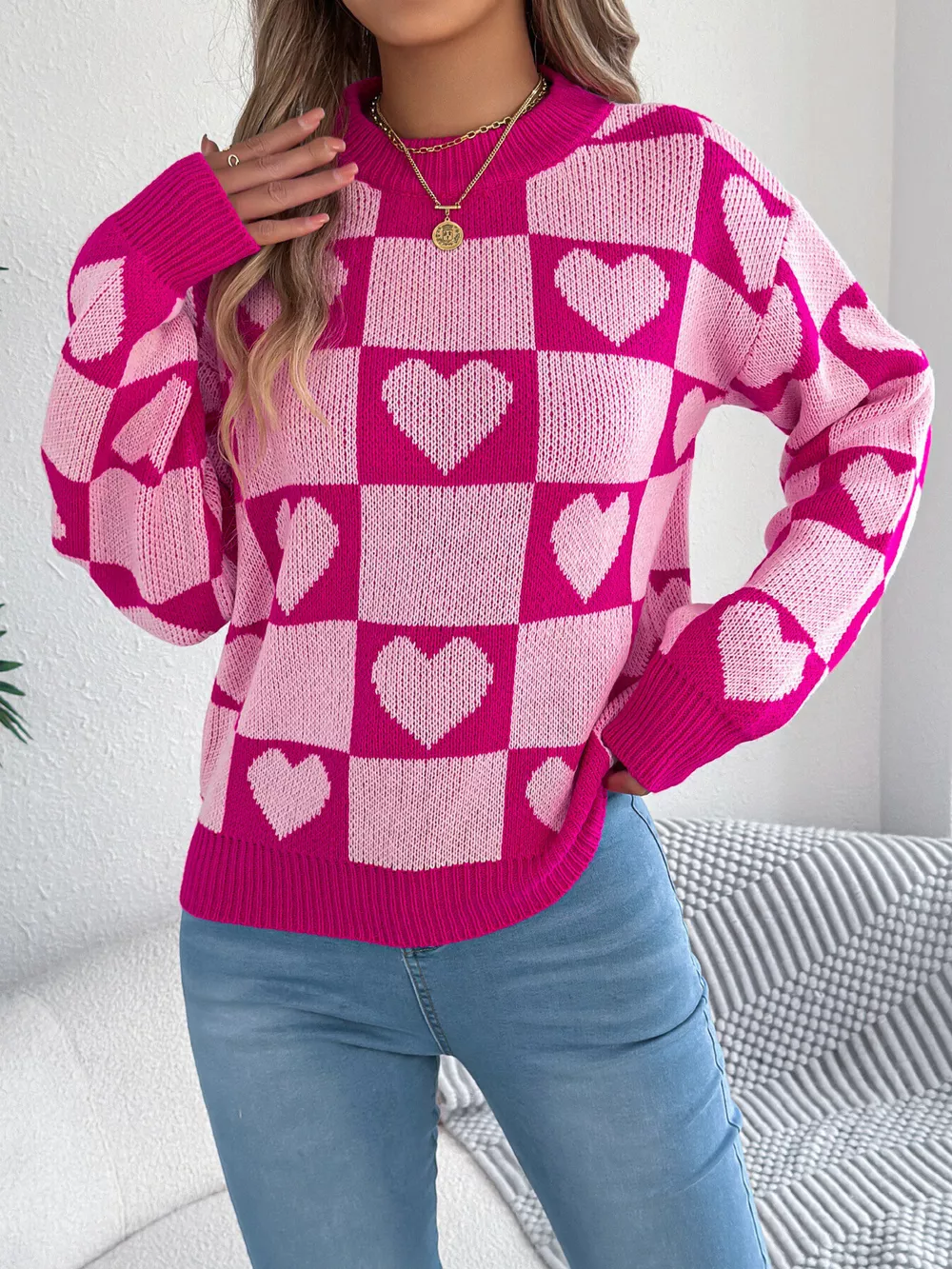 Heart Checkerboard Pattern Round Neck Sweater, image 12