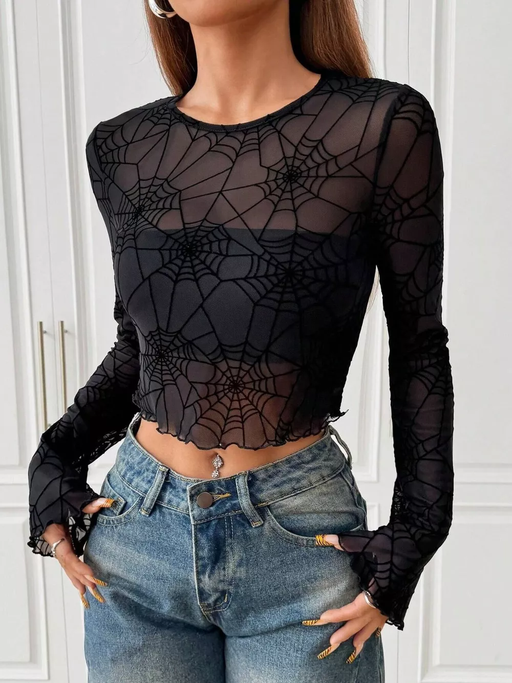 Spiderweb Print Sheer Mesh Long Sleeve Top, image 3