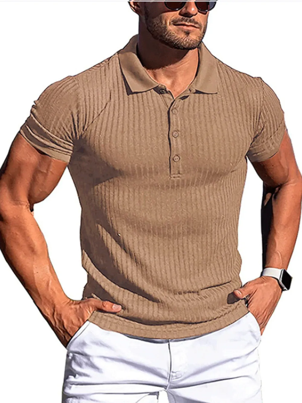 Men's Full Size Ribbed Button Detail Short Sleeve Polo Plus Size, image 4
