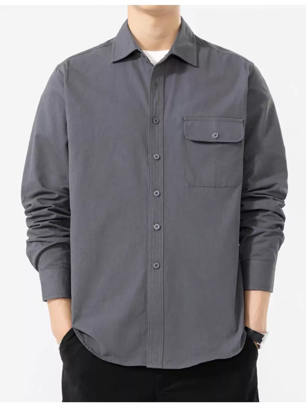 Men's Plus Size Casual Solid Color Long Sleeve Shirt, image 2
