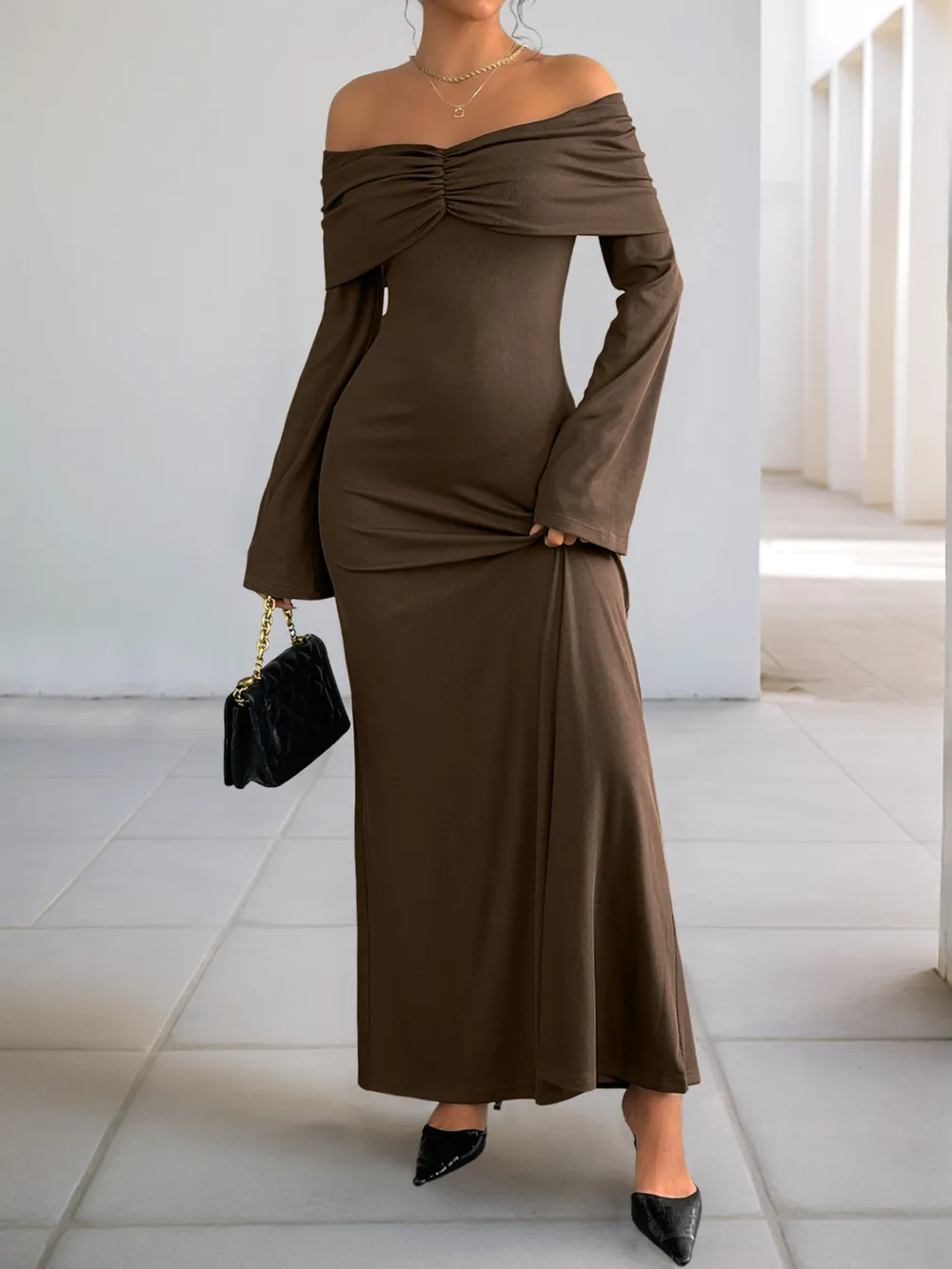 Off-Shoulder Long Sleeve Bodycon Maxi Dress, image 4