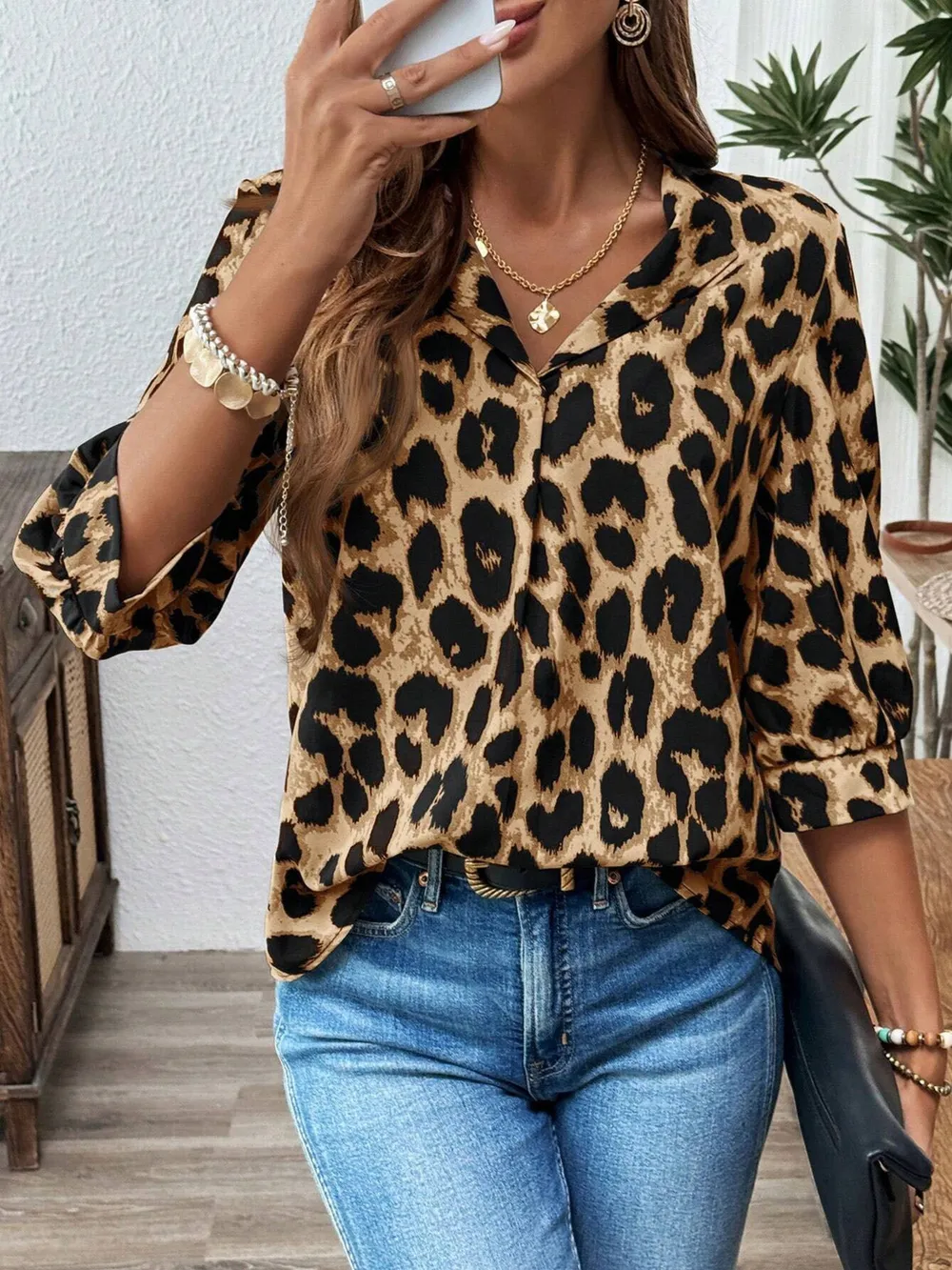 Leopard Print 3/4 Sleeve Blouse, image 13