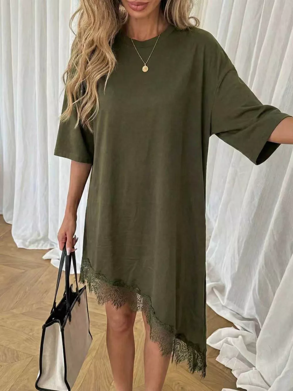 Lace Trim Asymmetrical Hem T-shirt Dress, image 12