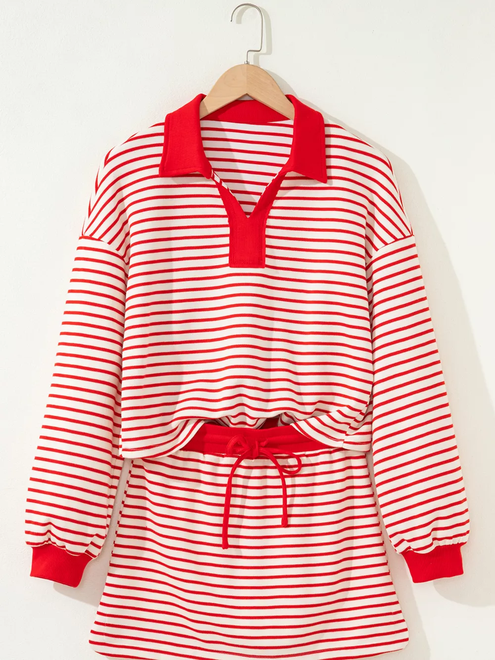 Stripe Collared V Neck Drop Shoulder Pullover and Skort 2pcs Outfit, image 8
