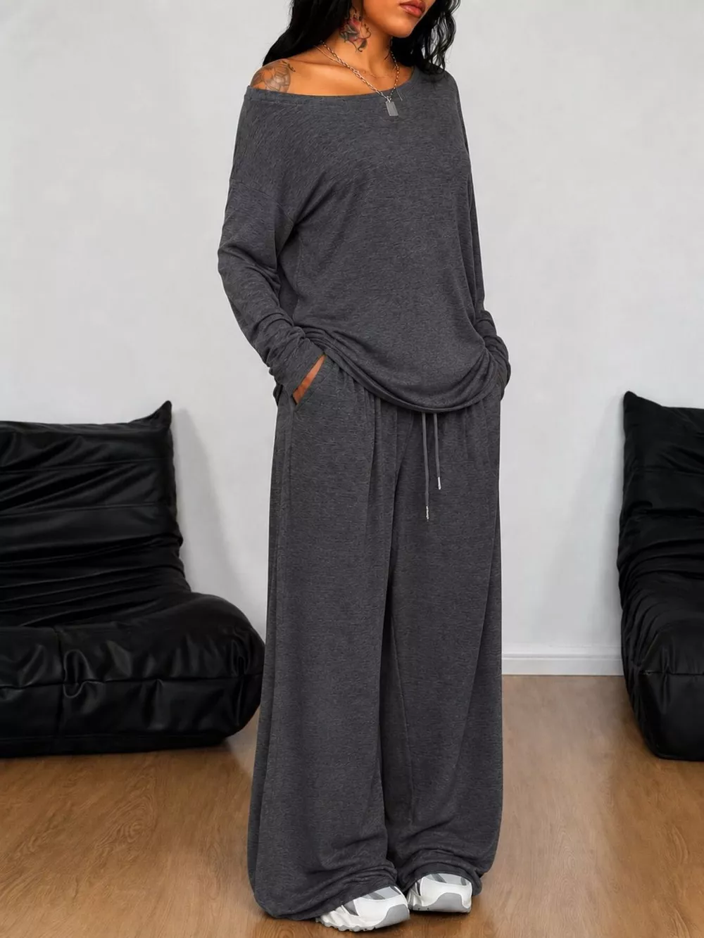 Full Size Comfortable Loose Fit One-Shoulder T-Shirt and Pants Set Plus Size, image 7
