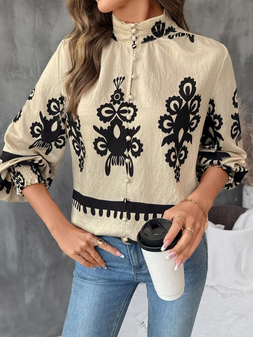 Printed Notched Lantern Sleeve Blouse, image 5