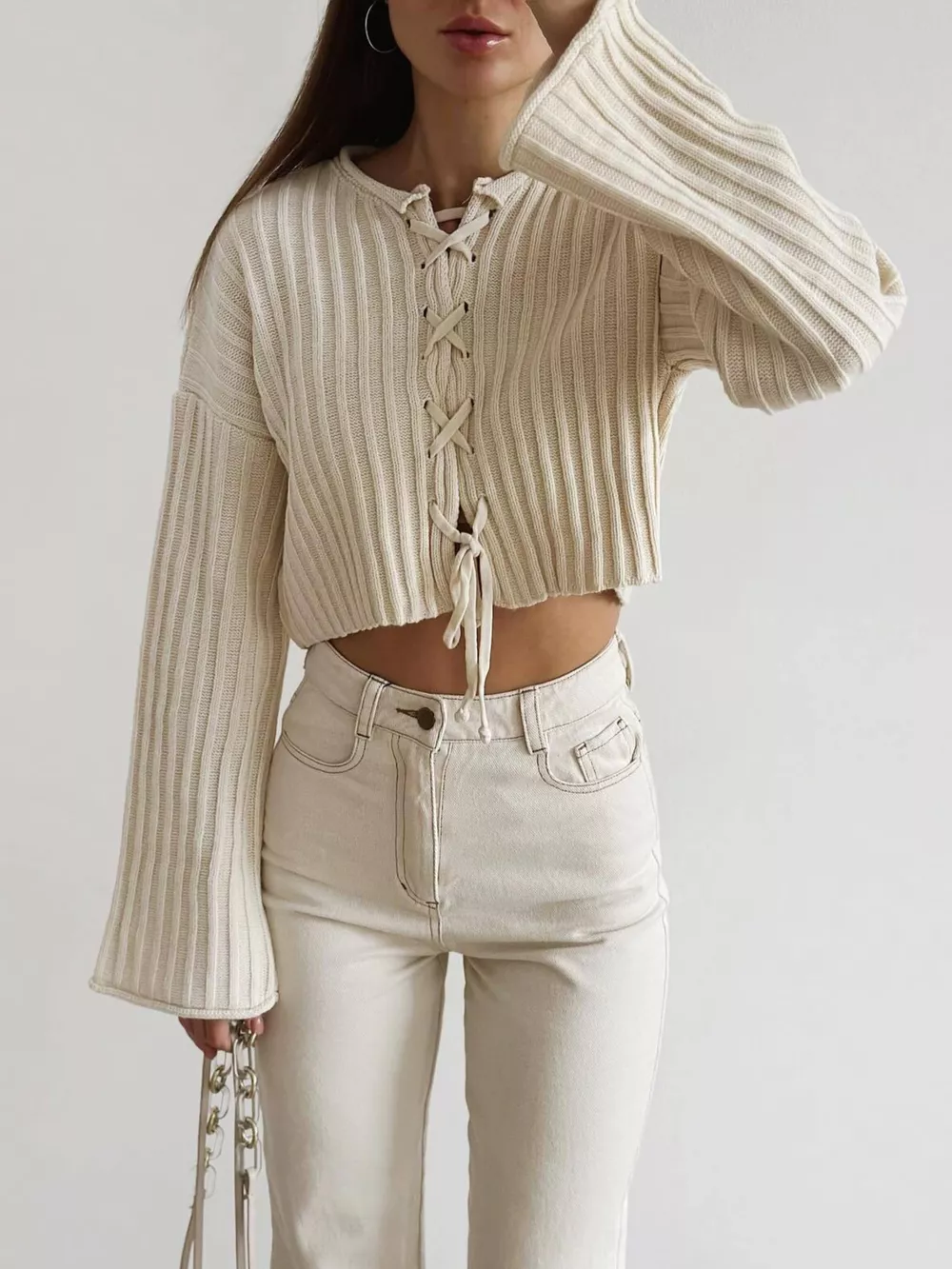 Ribbed Lace-Up Crop Sweater