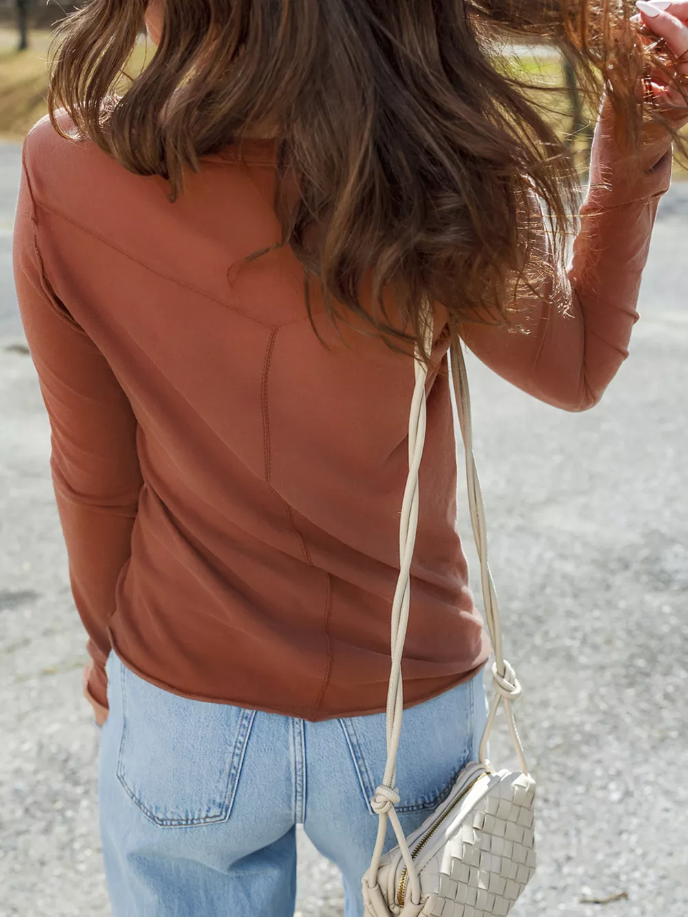 Raw Seam Detail Solid Color Long Sleeve Top, image 2