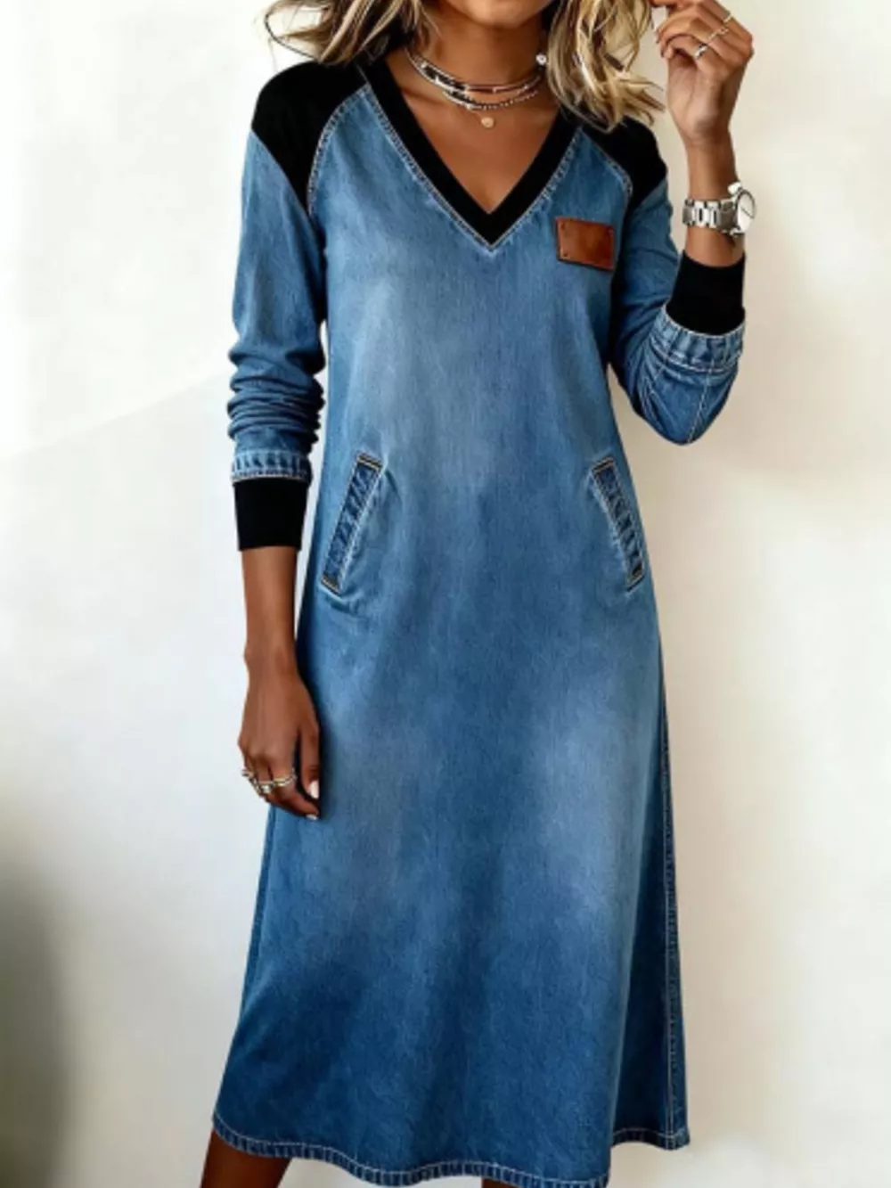 Full Size Contrast V-Neck Midi Dress Plus Size