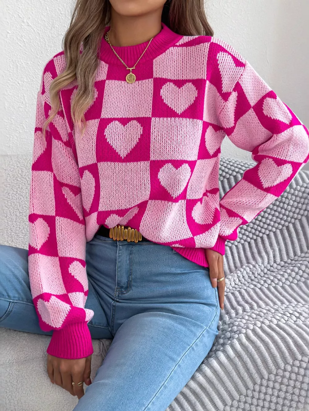 Heart Checkerboard Pattern Round Neck Sweater, image 7