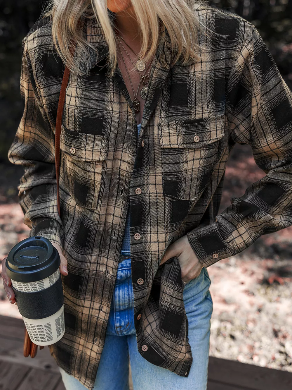 Plaid Double Flap Pocket Brushed Shacket, image 3