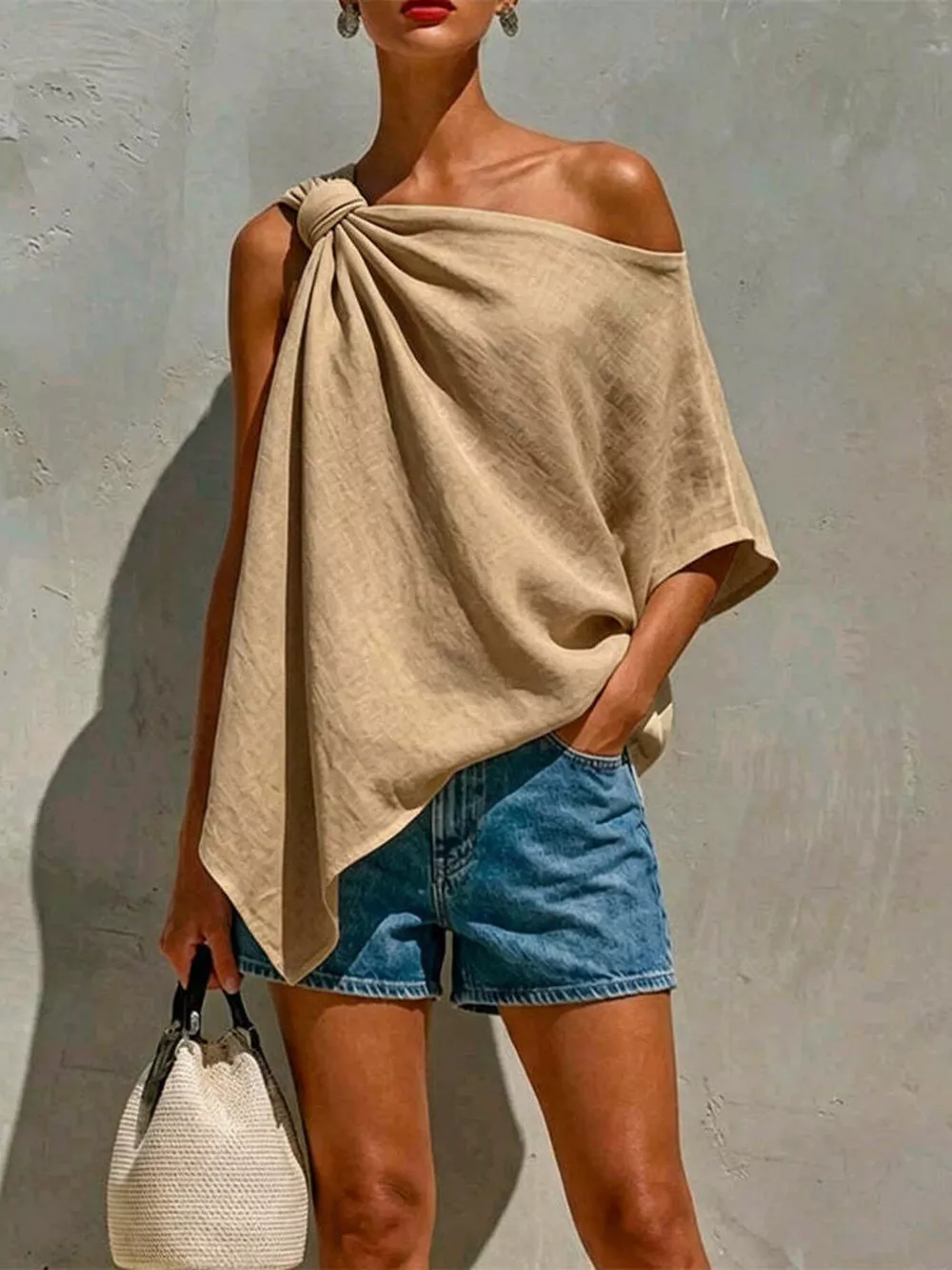 Full Size One-Shoulder Knot Detail Blouse Plus Size, image 2
