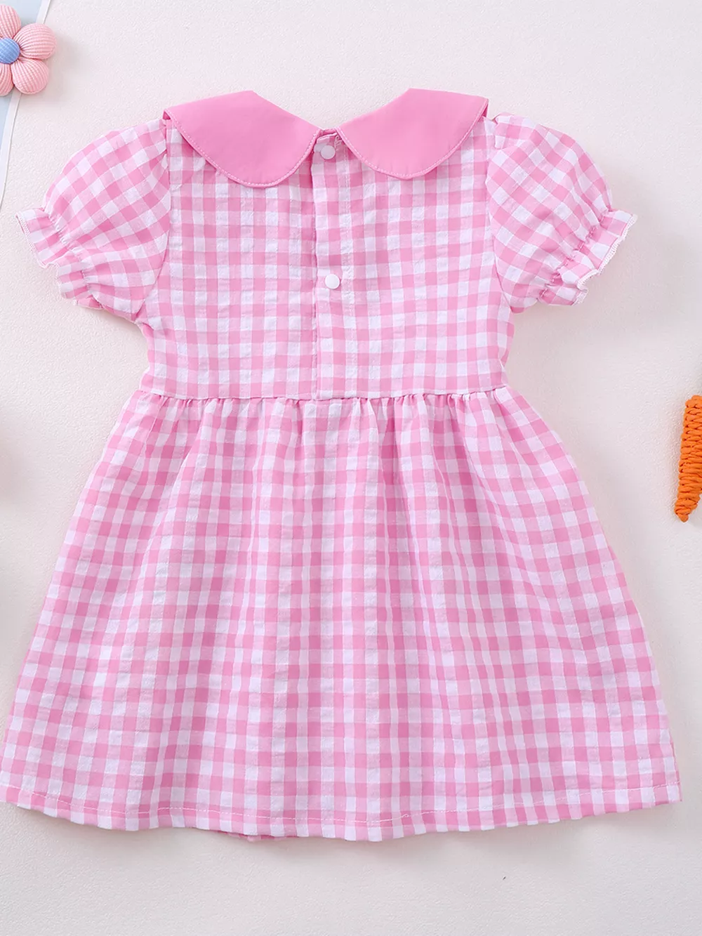 Children's Gingham Bunny & Carrot Embroidered Peter Pan Collar Smocked Dress, image 6