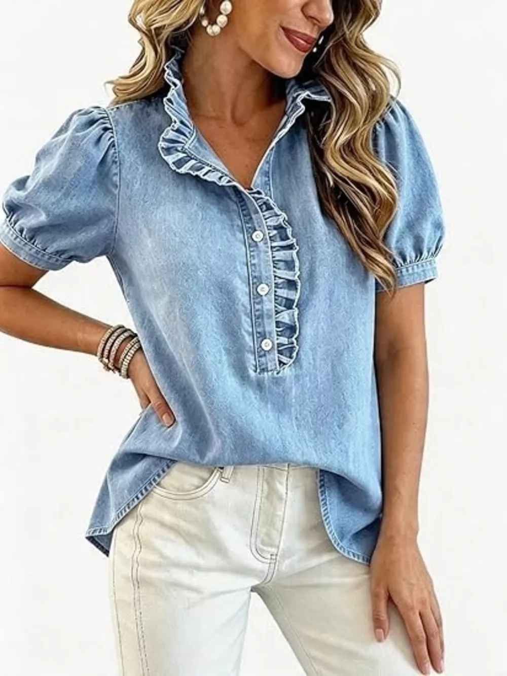 Frill Puff Sleeve Denim Top, image 14