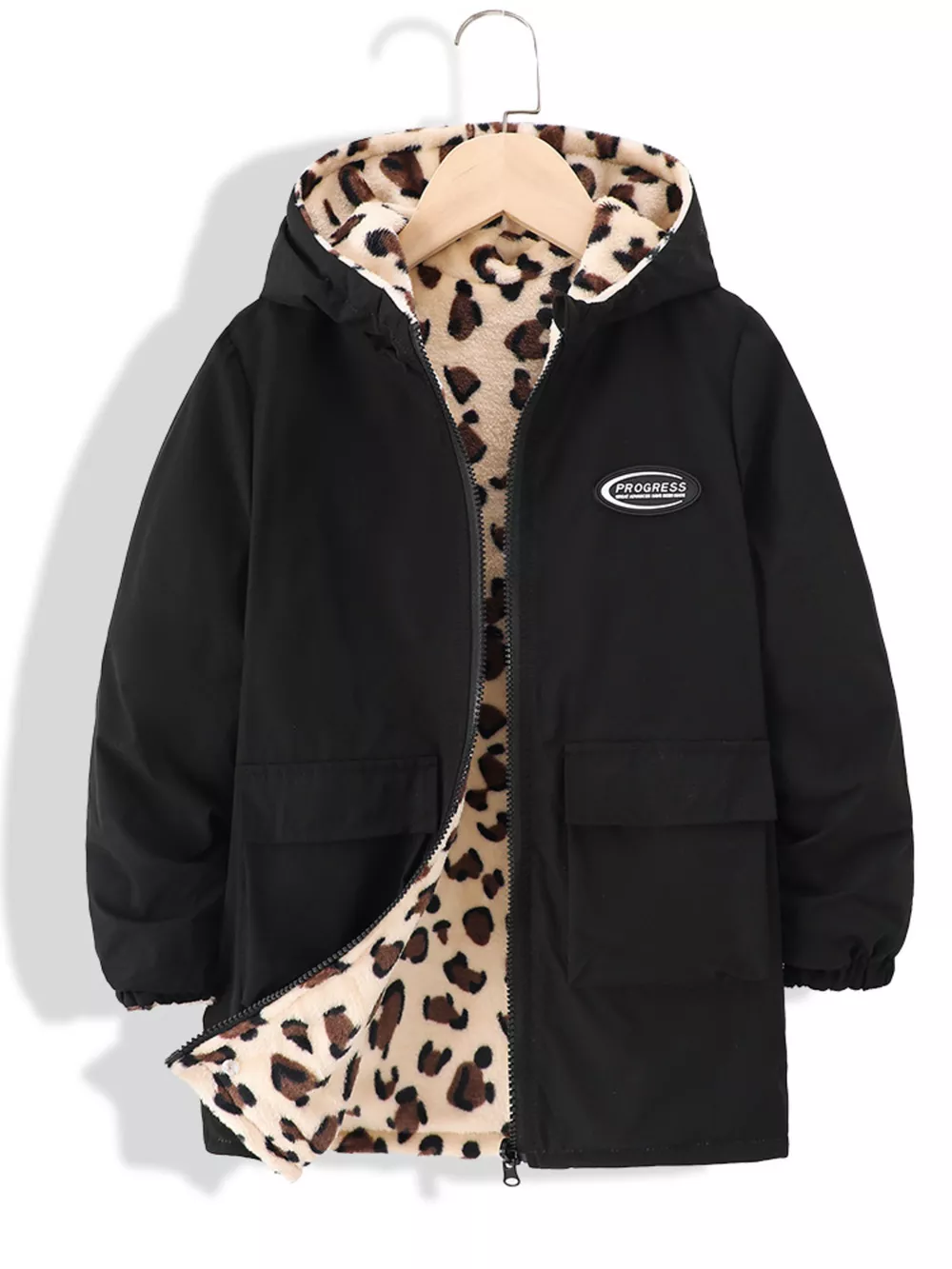 Children's Hooded Leopard Lined Warm Jacket