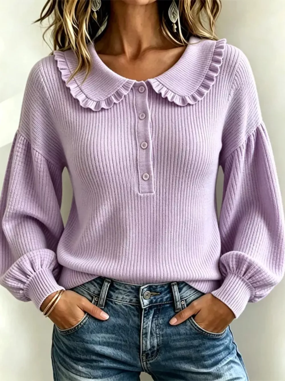 Full Size Ruffle Collar Button Detail Sweater Plus Size
