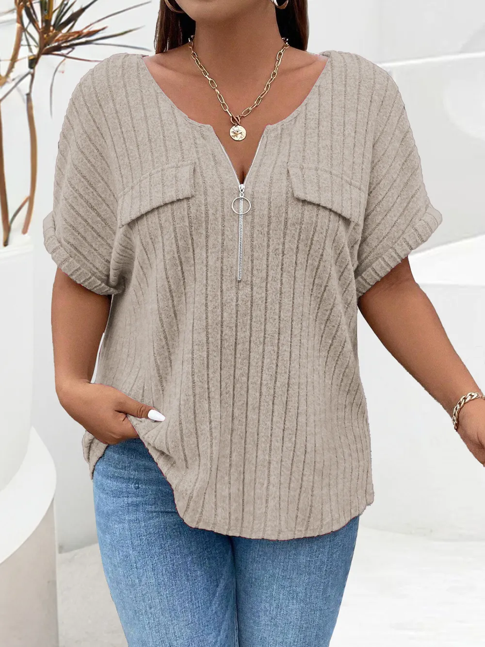 Plus Size Ribbed Half Zip Relaxed Fit T-Shirt, image 15