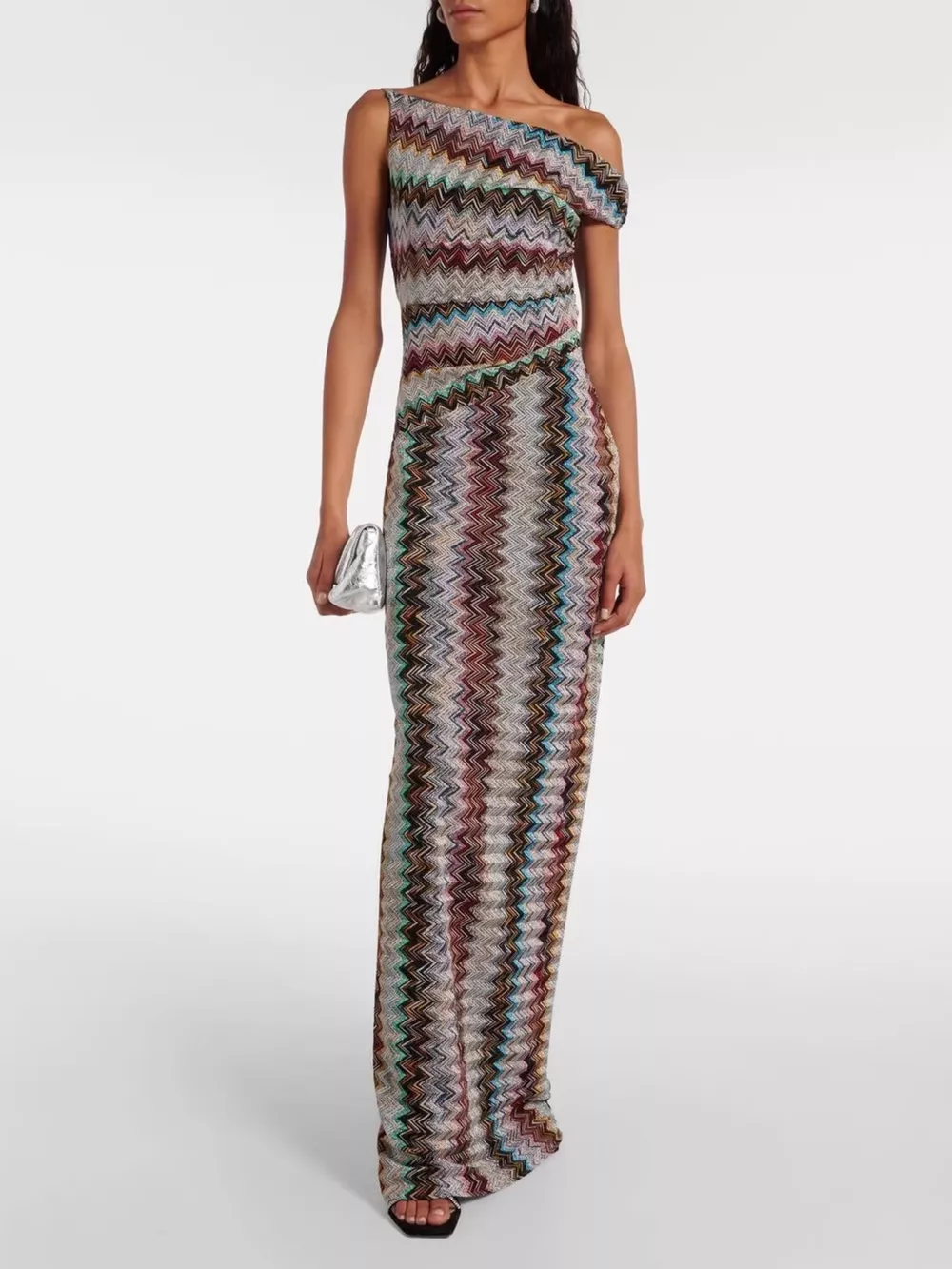 One-Shoulder Zigzag Knit Maxi Dress